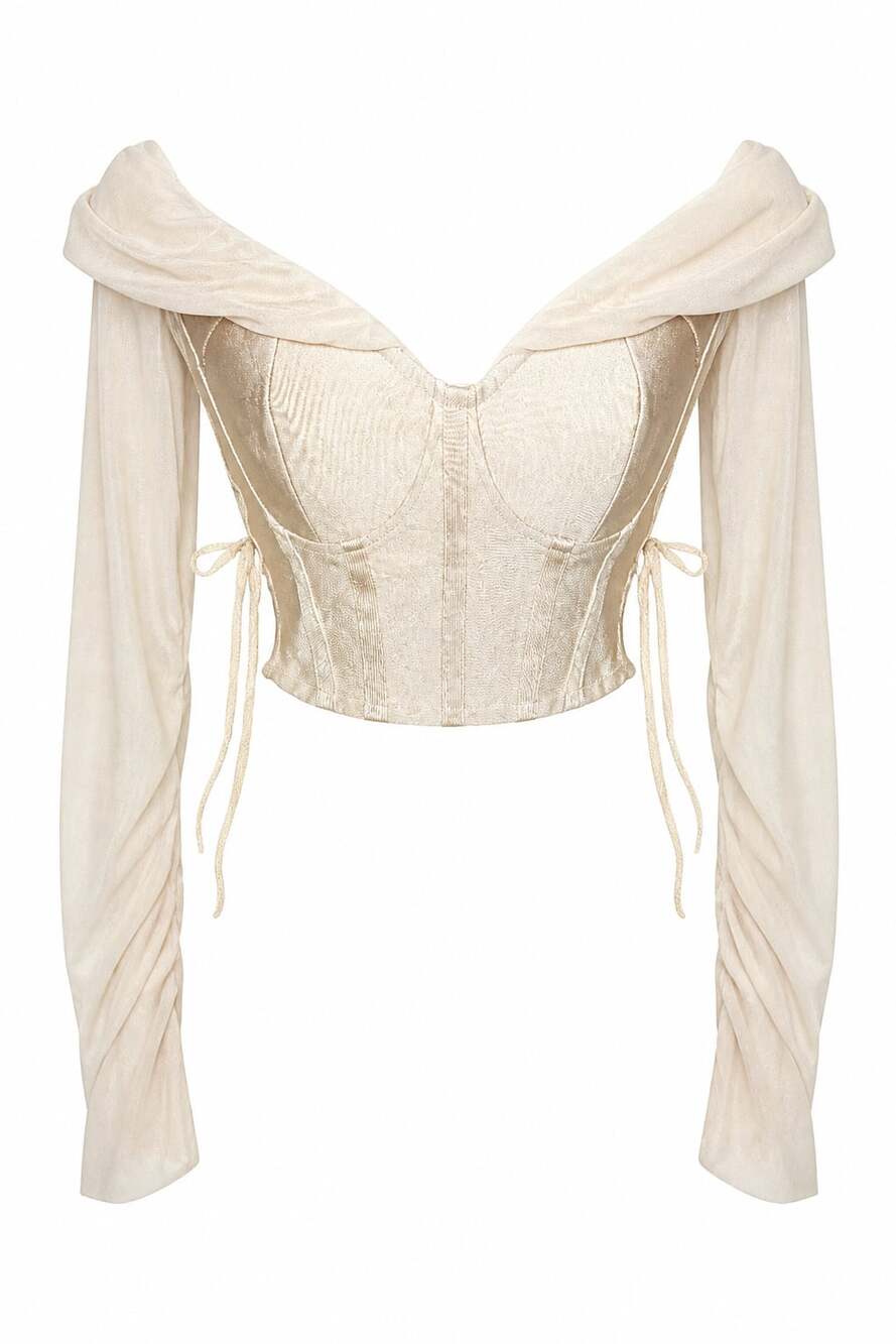 Rehab Lab Beige Off Shoulder Long Sleeve Lace Up Corset Crop Top Size L JT5521B